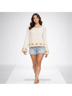 Sincerely Jules Cream Crochet Daisy Sweater M Boho CottageCore Free People Style